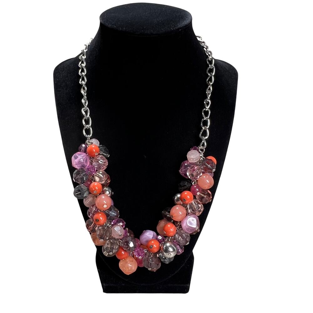 NY Statement Bib Necklace Women Pink Orange Purple Beaded Cluster Silver Tone